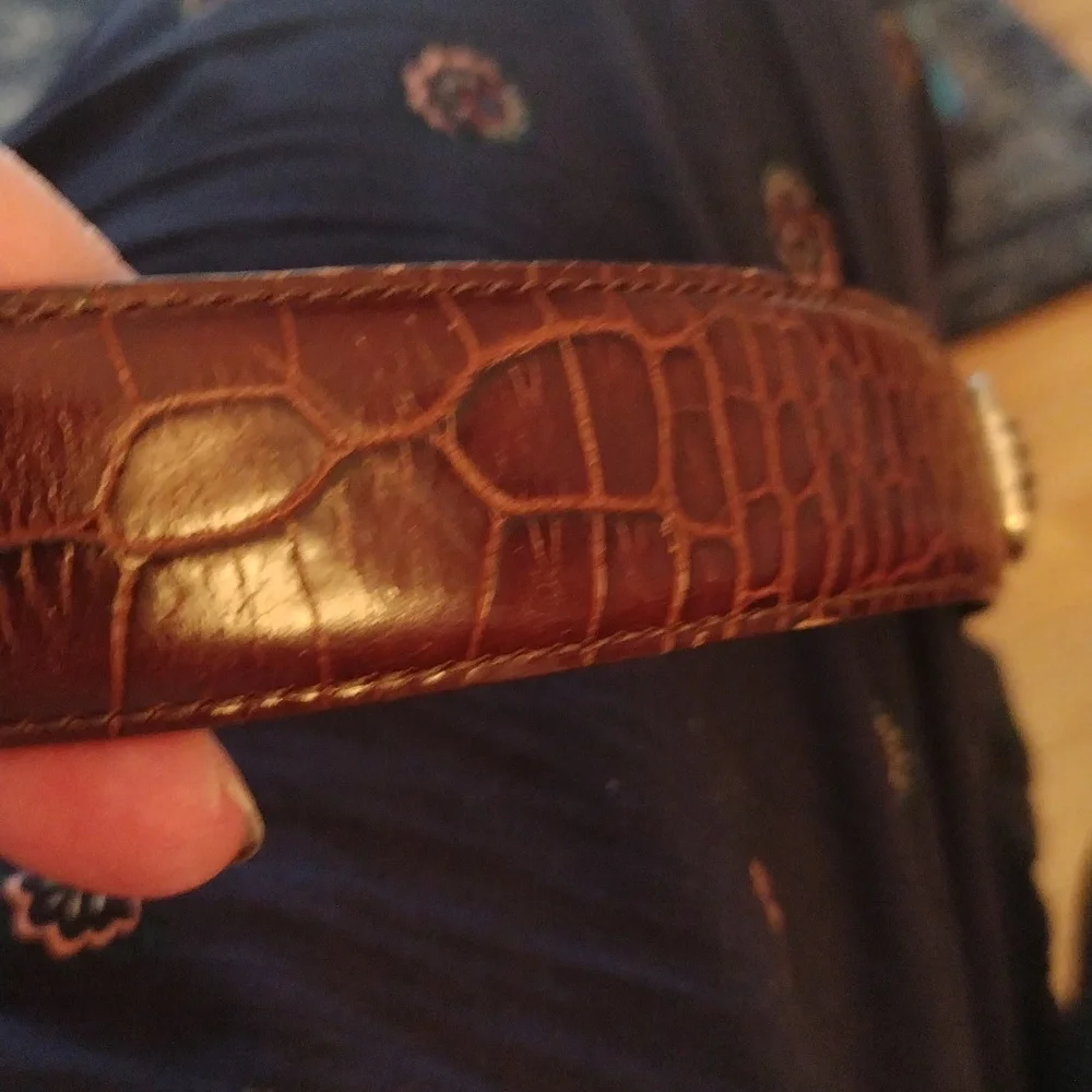- -Brown croc leather belt with genuine silver decorative plaques and buckl…